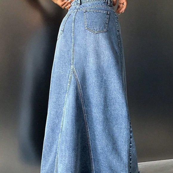 Blue Casual Womens High Waist Raw Hem Maxi Denim Skirt - Picture 3 of 5